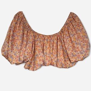 ZARA Floral Satin Effect Puff-Sleeve Off-The-Shoulder Crop Top